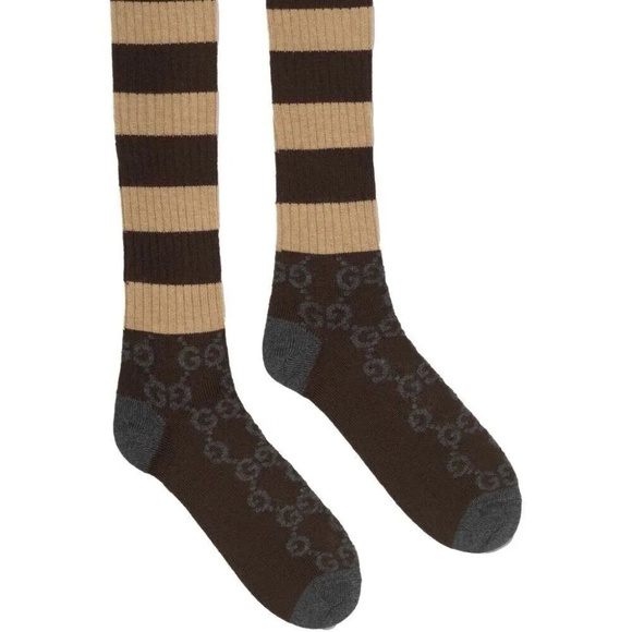size M Gucci GG Logo  Cotton Blend Long Socks Brown Striped - Picture 1 of 7